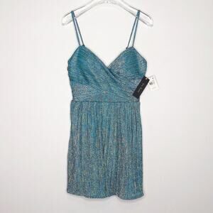 City Studio Teal Mini Dress Spaghetti Straps Metallic Glitter Fabric Size 5 NWT